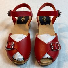 Swedish Hasbeens Women’s Red Sandals Size 4.5 New Small Scratch On Box Casual Red Open Heel Clogs, Red Slip-on Casual Clogs, Casual Red Non-slip Clogs, Red Slip-on Comfortable Clogs, Red Slip-on Clogs With Wooden Heel, Swedish Hasbeens, Red Sandals, Red Shoes, New Color