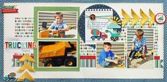 a scrapbook page with pictures of children playing in the sand and construction vehicles on it