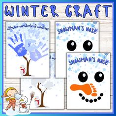 four snowman's handprints are shown with the words winter craft on them