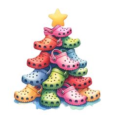 a christmas tree made out of crocs with a star in the top corner