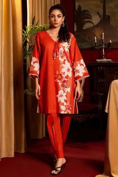 Gul Ahmed TL-42021 Red Collection Red Printed Motifs Summer Sets, Summer Red Printed Motifs Set, Summer Red Sets With Printed Motifs, Red Summer Sets With Printed Motifs, Orange Digital Print Lawn Suit For Summer, Spring Formal Printed Lawn Suit, Red Digital Print Lawn Suit For Spring, Red Lawn Suit With Digital Print For Spring, Fitted Printed Lawn Suit For Formal Occasions