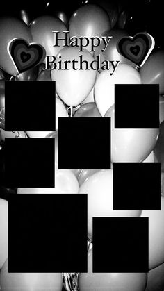 a black and white photo with balloons in the shape of squares on it that says happy birthday