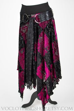 Handmade patchwork SEMI-SHEER STRETCH VELVET BURNOUT long maxi skirt in vibrant magenta wine and black floral damask with a curly witchy pointed hem for lots of texture. Wide cotton/spandex fold-over waistband sits just below your natural waistline, or you can pull it down over your hips for extra length. 100% Handmade in Los Angeles, CA USA. Velvet Skirt Outfit, Velvet Patchwork, Long Maxi Skirt, Velvet Burnout, Patchwork Skirt, Floral Damask, Half Slip, Long Maxi Skirts, Velvet Skirt