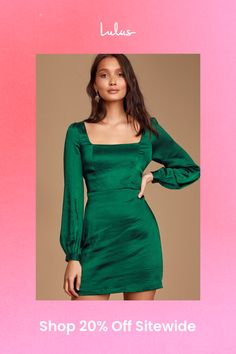 Now that we've found the Lulus Got The Love Emerald Green Satin Square-Neck Mini Dress, we're never looking back! Sleek and glossy woven satin dazzles as it creates a square neckline and a seamed bodice, both framed by long sleeves with buttoning cuffs. A-line skirt flows from a fitted waist down to a flirty mini hem. Hidden back zipper/clasp. Fit: This garment fits true to size. Length: Above mid-thigh. Size medium Bust: Great for any cup size. Waist: Fitted - very fitted at natural waist. Hip: Fitted - consider sizing up for fuller hips. Undergarments: May be worn with any standard bra. Fabric: Fabric has no stretch. Fully lined. Self: 97% Polyester, 3% Spandex. Lining: 100% Polyester. Hand Wash Cold Inside Out. Do Not Bleach. Flat Dry. Imported. Lulus | Got The Love Emerald Green Satin Long Sleeve Emerald Green Short Dress, Elegant Satin Square Neck Dress For Spring, Spring Party Satin Dress With Square Neck, Fitted Satin Dress With Square Neck For Evening, Fitted Satin Prom Dress With Square Neck, Chic Fitted Satin Dress With Square Neck, Fitted Satin Dress With Square Neck For Prom, Glamorous Square Neck Mini Dress For Night Out, Glamorous Mini Dress With Fitted Bodice And Square Neck