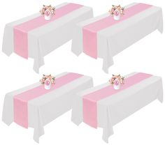 three tables with pink and white tablecloths on them, each topped with a flower vase