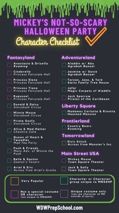 mickey's not - so - scary halloween party checklist is shown in purple and green