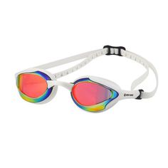 a pair of swimming goggles with colorful mirrored lenses on the side and white strap