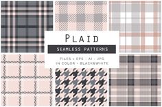 plaid seamless patterns in pink, grey and black colors with text that reads plaid