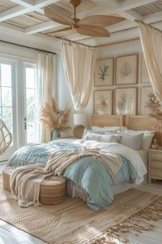 a bedroom with white walls and beige curtains on the windowsills is decorated in neutral colors