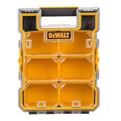 a yellow tool box with six compartments