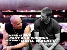 two men sitting next to each other in front of a stadium with the words, there is no fast and fabulous without paul walker