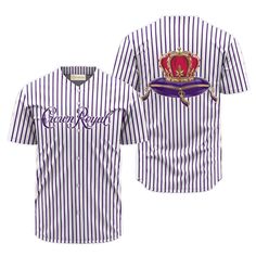 a baseball jersey with a crown on the chest and purple stripes, in front of a white background