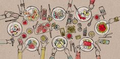 a drawing of many people holding their hands over a table full of plates with food on them