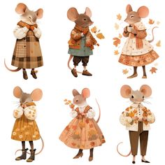 four little mouses dressed in autumn clothes