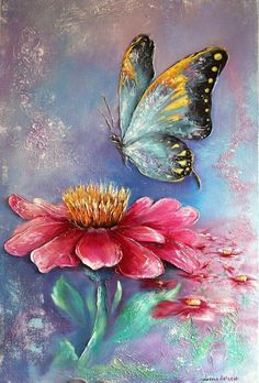 a painting of two butterflies flying over a pink flower