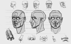 sketches of the human head and torso, with various angles to each side on a sheet of paper