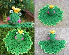 crocheted frog with crown on its head sitting in the grass next to another item