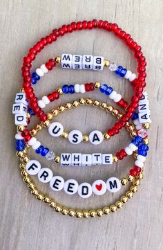 USA Bracelets / 4th of July Bracelets / Red, White and Blue Bracelets / 4th of July Bracelet Stack / America Bracelets / Patriotic Bracelet - Etsy 4th Of July Friendship Bracelets, 4th Of July Things To Do, 4th Of July Bracelet Ideas, Red White And Blue Bracelets, Fourth Of July Bracelets, Fourth Of July Accessories, 4th Of July Bracelets, 4th Of July Ideas, Make Clay Beads