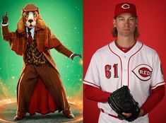 a man in a baseball uniform next to an image of a dog wearing a costume