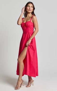 Get ready to turn heads in the Maiya Midi Dress - Tie Front Fitted Bodice Dress In Hot Pink! This stunning red dress is perfect for any occasion, whether it's a party day or a special night out. The sweetheart neckline and fitted bodice create a flattering silhouette, while the midi length adds an elegant touch. Made from 100% cotton, this dress is not only stylish but also comfortable to wear all day long. With its sleeveless design, you can show off your arms and feel confident and empowered. Fitted Bodice Dress, Red Sequin Dress, Basic Black Dress, Neon Outfits, Bachelorette Dress, Spring Maxi Dress, Navy Bridesmaid Dresses, Bodice Dress, Long Sleeve Knit Dress