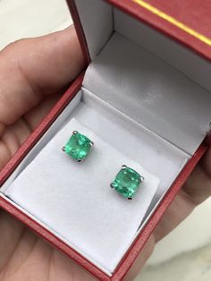 A classic pair of Asscher-cut green natural Colombian emerald gold studs 14K white gold. These earrings feature two lively, natural Colombian emeralds that are handset in a single four-prong setting. These stones were sourced by the best emerald mine in the world known as Chivor. They are comfortable to wear and come with secure back pieces. (Exceptional in color and style!) No two emeralds are perfectly alike, one emerald is slightly larger than the other. Embrace uniqueness :D Setting Style: S Gia Certified Emerald Earrings For Formal Occasions, Luxury Emerald Earrings In Emerald Cut, Luxury Green Emerald-cut Earrings, Formal Emerald Earrings With Prong Setting, Gia Certified Octagon White Gold Jewelry, Gia Certified Octagon May Birthstone Jewelry, Green Octagon Earrings For Formal Occasions, Emerald Cut Gemstone Earrings For Formal Occasions, Classic Octagon Gemstone Earrings