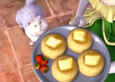 an animated image of some food on a plate with a cat looking at the camera