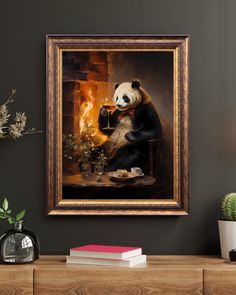 a painting of a panda bear eating food