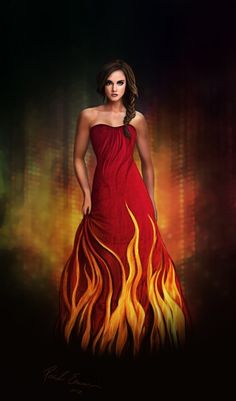 a woman in a red dress with flames on the bottom and sides, standing against a dark background