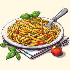 a plate of spaghetti with tomatoes and basil on the side, next to a fork