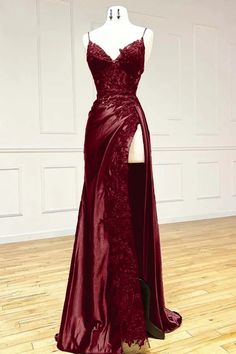 Dark Red Prom Dress, Wine Red Prom Dress, Hot Prom Dress, Split Prom Dresses, Printed Prom Dresses, Dark Red Dresses, Junior Prom, Shoe Ideas, Grunge Dress