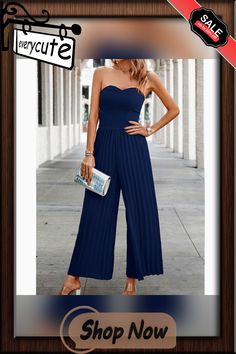 Navy Blue Smocked Tube Wide Leg Casual Jumpsuit Blue Sleeveless Jumpsuits And Rompers With Smocked Bodice, Blue Sleeveless Jumpsuit With Smocked Bodice, Blue Sleeveless Jumpsuit With Smocked Back, Sleeveless Blue Jumpsuit With Smocked Back, Blue Casual Jumpsuits With Smocked Bodice, Blue Jumpsuit With Smocked Back, Casual Jumpsuit, Jumpsuit Romper, Wide Leg