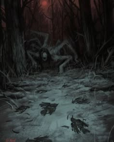 an image of a creepy scene in the woods at night with blood on the ground