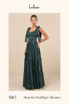 You'll stand out in everyone's memory with an adorable look like the Lulus Picturesque Allure Green Jacquard Tie-Strap Maxi Dress! Lightweight woven fabric, with a shiny, burnout floral jacquard and striped pattern throughout, falls from tying straps into a flattering square neckline and a princess-seamed bodice. High, fitted waist sits atop a ruffled, tiered skirt that finishes at an elegant maxi hem. Smocked panel at back and hidden zipper/clasp. Fit: This garment fits true to size. Length: Floor length. Size medium measures 59.75" from shoulder to hem. Bust: Great for any cup size. Waist: Fitted - very fitted at natural waist. Hip: Not Fitted - fuller skirt allows room for hips. Undergarments: May be worn with a strapless bra, adhesive bra, petals, or no bra. Fabric: Fabric has no stret Green Wedding Guest Dresses, Fall Formal Dresses, Bridal Party Dresses, Adhesive Bra, Floral Jacquard, Tall Girl, Tier Skirt, Strapless Bra, Tiered Skirt