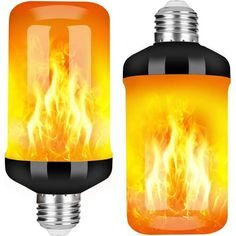 a light bulb that is glowing orange and yellow with flames on it's side