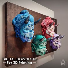 three colorful masks mounted on a wall with the words digital print for 3d printing above them