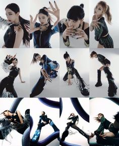 several photos of women in different poses with their hands on their hipss and one holding a snake