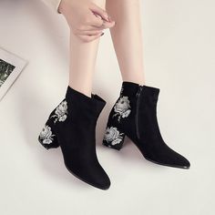 Autumn and Winter Black Floral Embroidery Ankle Boots on Storenvy Winter Embroidered Heeled Boots With Round Toe, Black Embroidered Boots With Round Toe, Party Boots With Floral Embroidery And Round Toe, Ladies High Heels, Ankle Boots Winter, Embroidered Heels, Basic Boots, Embroidered Boots, Fur Shoes