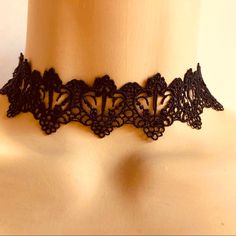 Black Lace Choker Necklace, New, 1 3/8” Wide, 12 1/2” Long, Lobster Clasp With Adjustable Chain. Black Gothic Choker For Evening Wear, Gothic Black Choker For Evening, Black Gothic Necklace For Evening, Black Choker For Halloween Gift, Gothic Black Necklace For Evening, Elegant Black Formal Choker, Halloween Party Black Choker, Adjustable Black Choker For Party, Black Choker Necklace For Evening