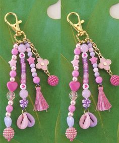 two pictures of pink, purple and white beads with tassels hanging from them