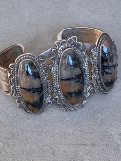 "Petrified Wood Sterling Cuff Hand made Navajo Cuff 6 3/4\" x 1 3/4\" inside 5 5/8\" opening 1 1/4\"" Turquoise Squash Blossom, Petrified Wood, Gold Stars, Sterling Ring, Turquoise Ring, Cuff Bracelets, Hand Made, Gemstone Rings, Cuff