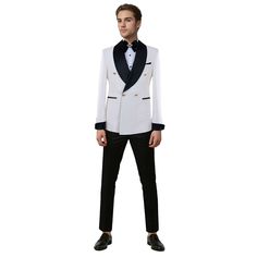 Package Includes: 1 x Jacket - 1 x Pant

Experience elegance with our White and Black Double Breasted Tuxedo. Designed for the modern minimalist, this tuxedo features a striking black lapel, exquisite golden brass buttons, and impeccably tailored black trousers. Perfect for making a statement at any formal event.

 	Fabric: 120s 
 	Lining Fabric: Silk
 	Pattern: Plain
 	Buttons: Brass
 	Construction: Half Canvas
 	Seasonality: All Season
 	Jacket: Black Shawl Lapel, 2 Straight Pockets, Double Br Luxury Double-breasted Tuxedo With Hidden Buttons, Luxury Tuxedo With Double Button Closure And Lapel Collar, Luxury Double-breasted Tuxedo, Double-breasted Tuxedo Blazer For Formal Events, Double-breasted Tuxedo Blazer For Formal Occasions, White Double-breasted Tuxedo Blazer, Luxury Black Tuxedo With Double Button Closure, Luxury Evening Tuxedo With Double Button Closure, Formal Double-breasted Tuxedo