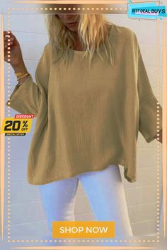 Casual 3/4 Sleeve Round Neck Top Oversized Half Sleeve Tops For Fall, Casual Beige Half Sleeve Blouse, Oversized Half-sleeve Blouse For Fall, Oversized Half Sleeve Blouse For Fall, Casual Solid Color Tops With 3/4 Sleeves, Oversized Long Sleeve Khaki Top, Khaki Long Sleeve Tops For Spring, Casual Beige Long Sleeve Top For Spring, Oversized 3/4 Sleeve Tops For Fall