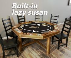 a wooden table with chairs around it and the words built - in lazy susan on top