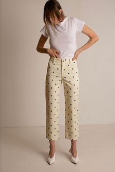 Loosely tailored cargo pant in a soft yet structured cotton. Straight leg with tie at ankle, cinch for a more tapered silhouette. Side pockets and oversized patch pockets above knee. Made in New York City. Fabric is 100% cotton. Ella is 6' tall, 35" bust, 26" waist, 36" hip, and is wearing a size 0. Printed Denim Pants, New Closet, Tiny Cottons, Spring Summer 2024, Printed Denim, Cargo Pant, Printed Pants, Bottom Clothes, Denim Pant