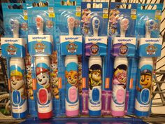 children's electric toothbrushes with paw patrol characters on them for sale in a store