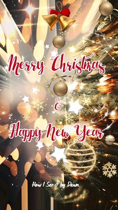 merry christmas and happy new year greeting card with an image of a christmas tree in the background