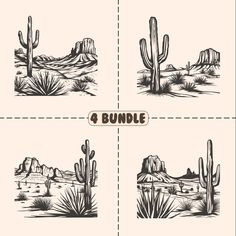 four different desert scenes with cactuses and mountains in the background, hand drawn illustration