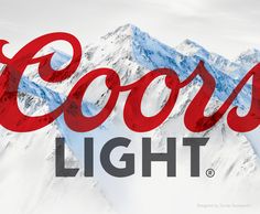 the words coors light are in front of a snowy mountain range with red lettering