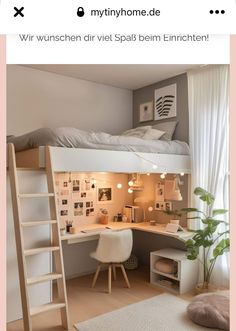 a loft bed with desk and ladder in the corner, next to a white chair