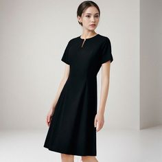 Captivating Contoured Comfort Dress Black Knee-length Midi Dress With Flattering Silhouette, Black Dress With Flattering Silhouette For Work, Elegant Short Sleeve Shift Midi Dress, Black A-line Dress For Work, Black Summer Dress For Office, Black Short Sleeve Dress With Flattering Silhouette, Black Mid-length Dress With Flattering Silhouette, Black Short Sleeve Midi Dress For Work, Black Office Dresses For Spring